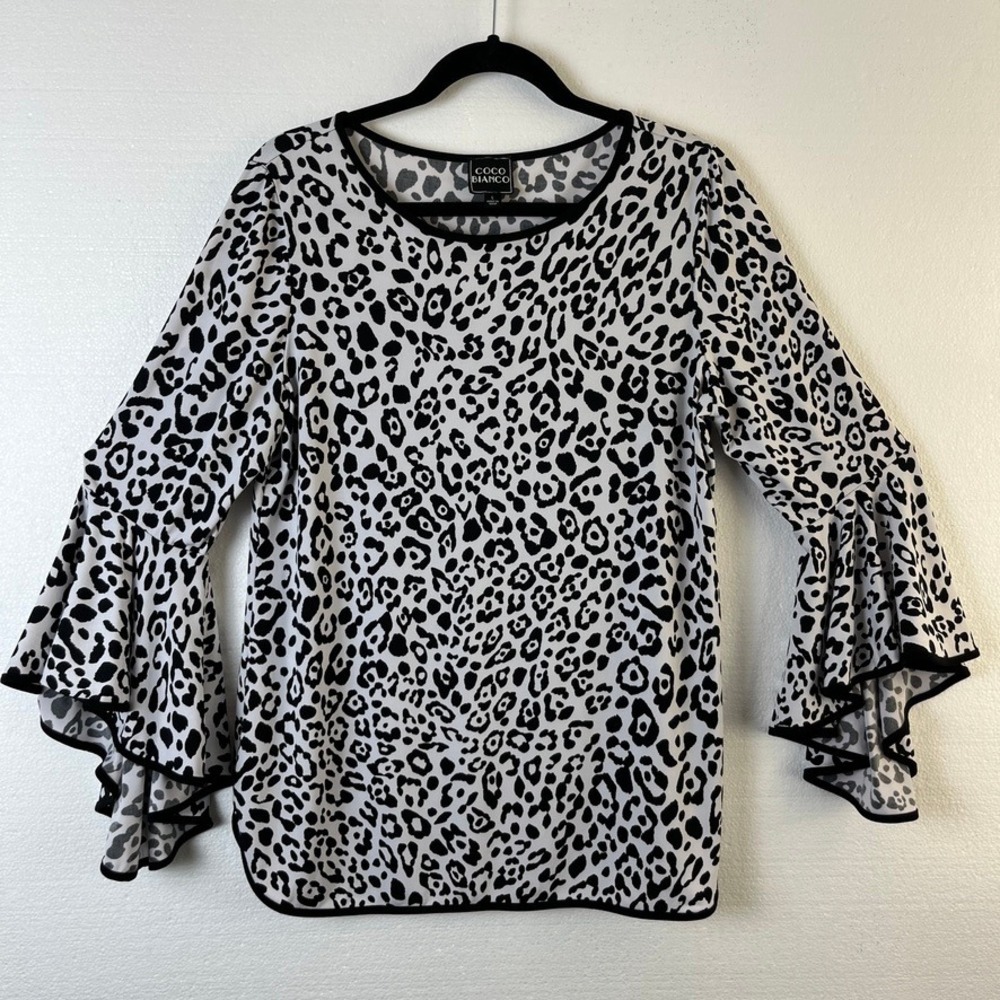 Coco Bianco 3/4 Bell Sleeve Tunic Top Womens Black White Leopard Print Size‎ L
